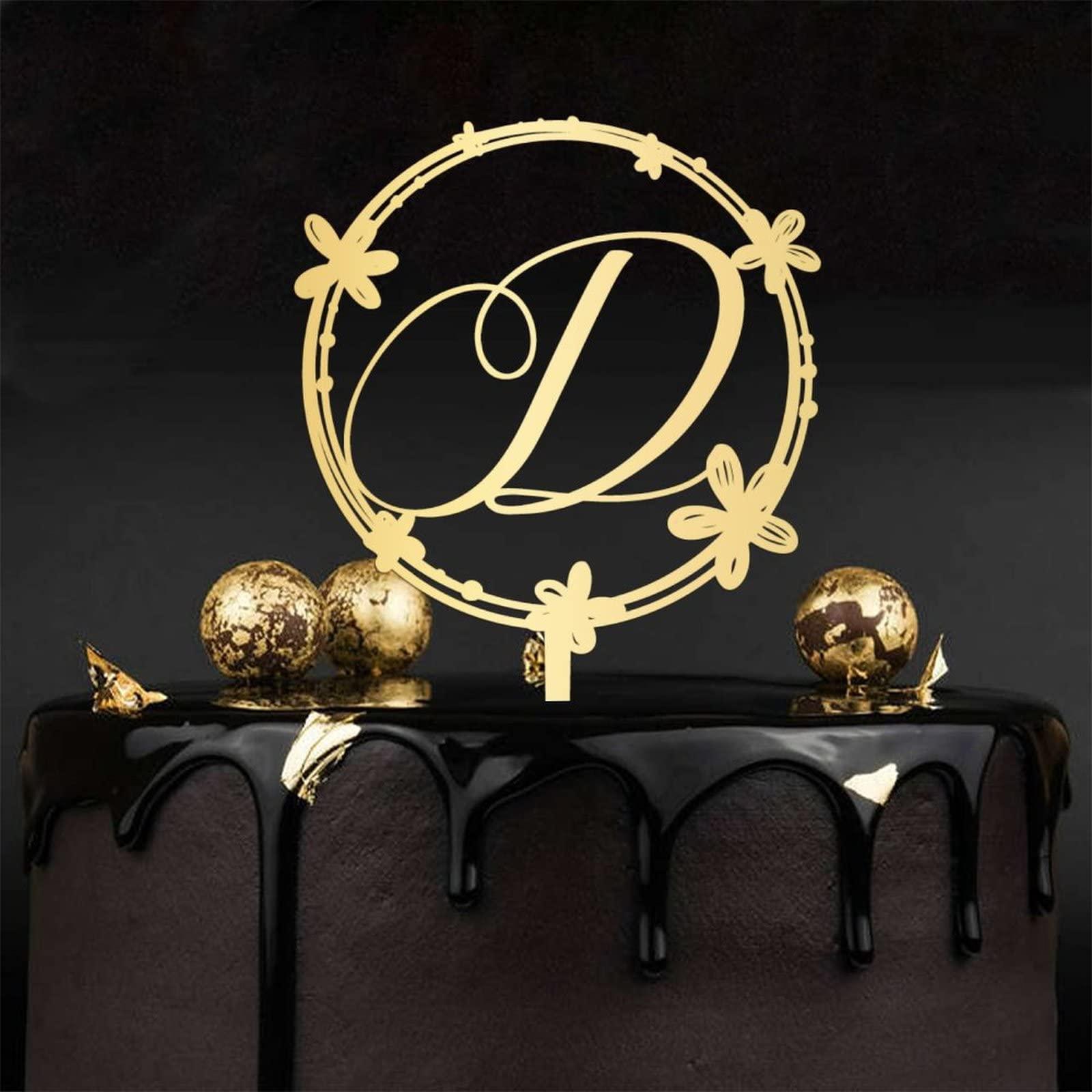 Cheyan Initial D Cake Topper, Personalized Letter Gold/Silver Glitter Cake Topper, Monogram Wood/Acrylic Wedding Topper, Wreath Cake Topper for Birthday Rustic Anniversary Party Supplies, Made in USA