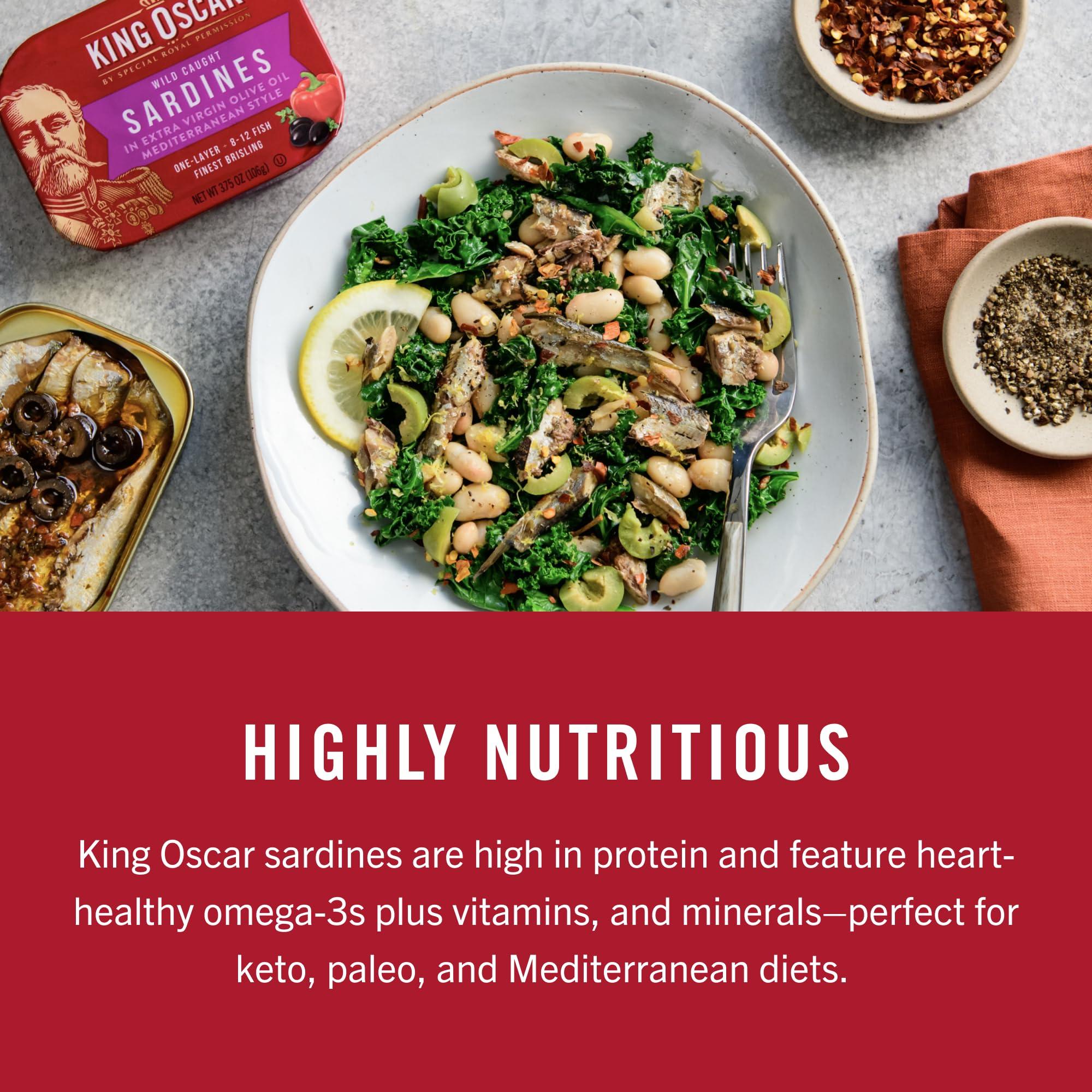 King Oscar King Oscar Premium Sardines in Extra Virgin Olive Oil, Mediterranean Style, 3.75 Ounce Cans (Pack of 12), Wild Caught Sardines