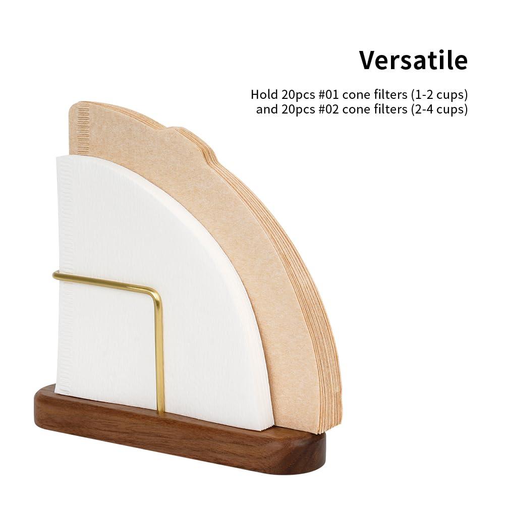 watchget watchget Cone Coffee Filter Holder Walnut & Brass Coffee Filter Storage Container Coffee Filter Stand for #01 and #02 Size V60 Cone Paper Coffee Filters