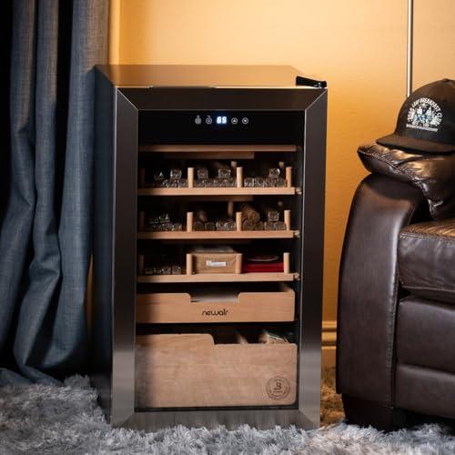 NewAir NewAir x Boveda 500 Count Electric Humidor, Spanish Cedar Shelves with Temperature Control, Cigar Humidor Box with Built-In Boveda Humidity Control in Stainless Steel