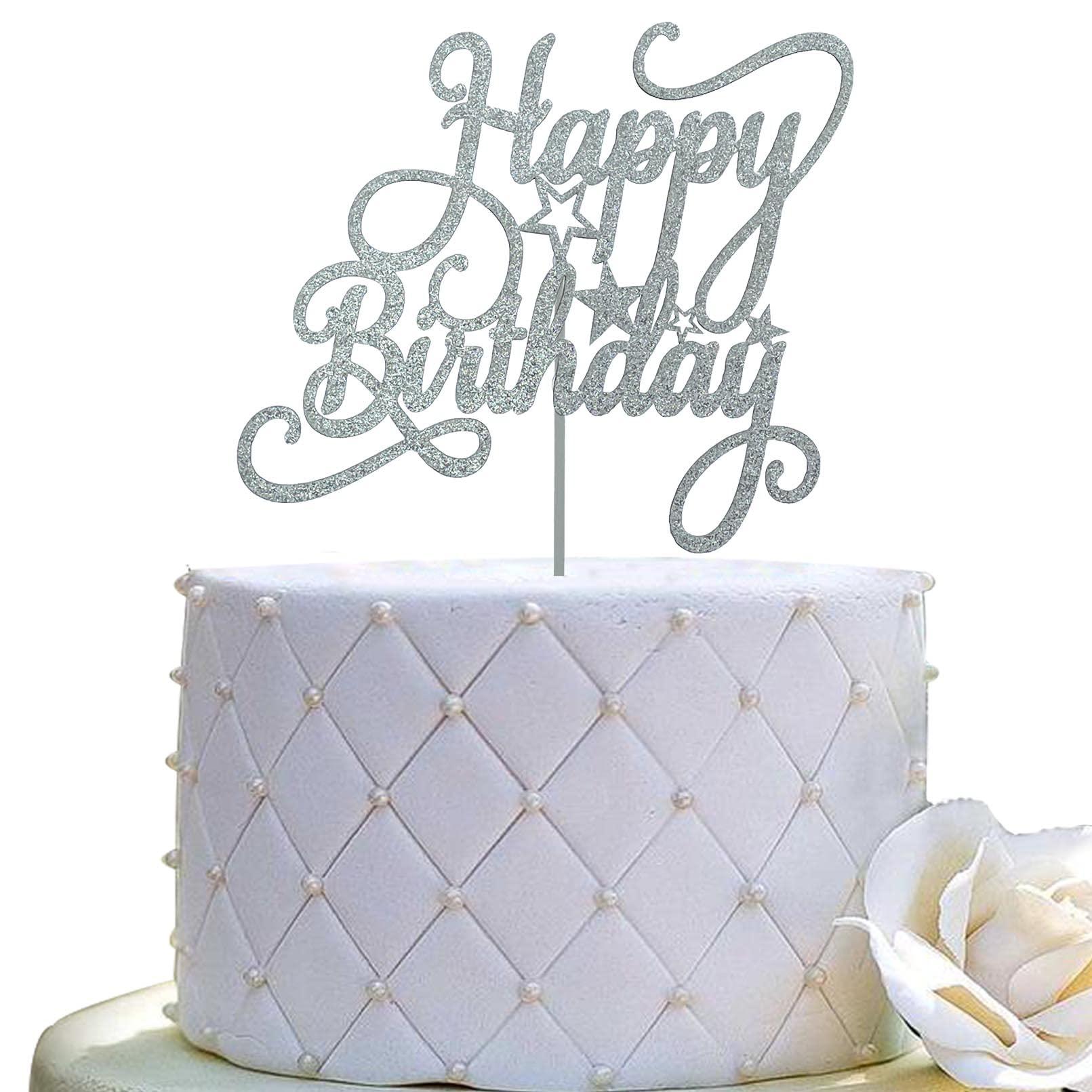 JIEEIN Happy Birthday Cake Topper for Birthday Party Decorations,(Double Sided Silver Glitter)