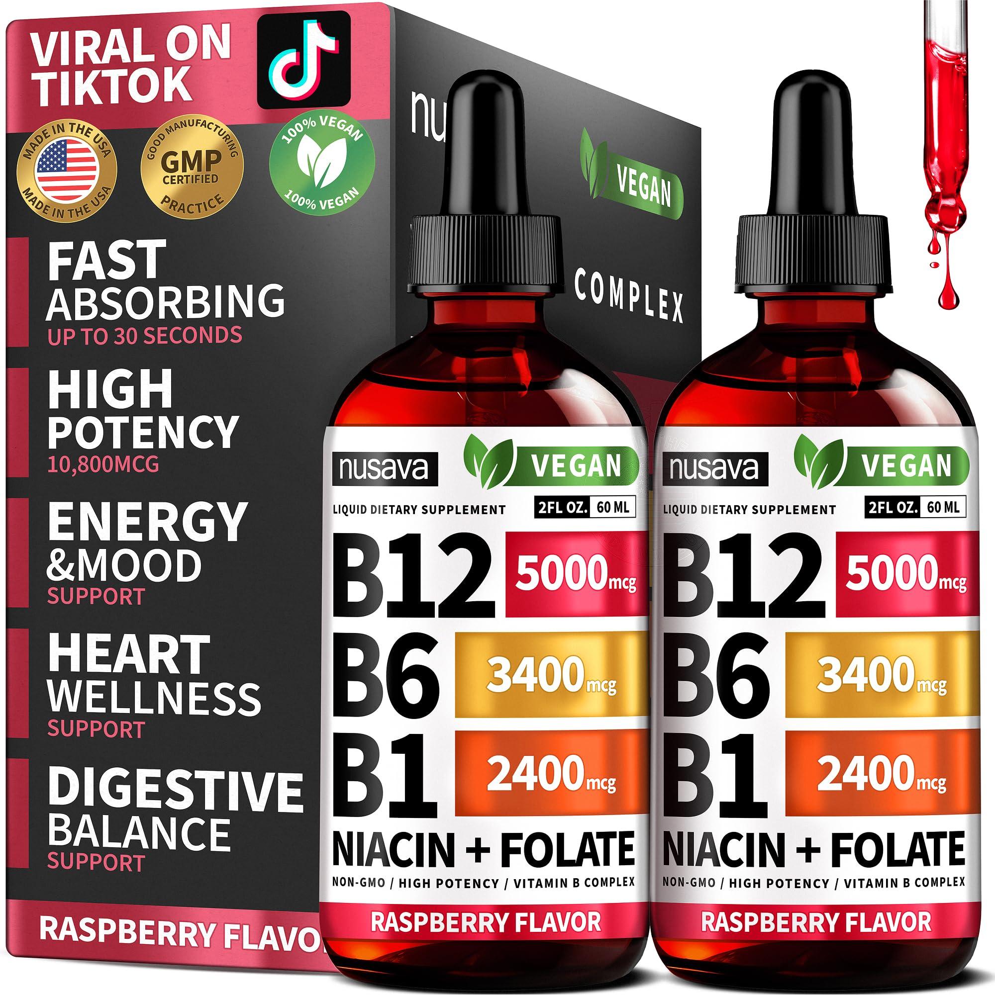 NUSAVA NUSAVA (2 Pack) Vitamin B12 and B6 Liquid Drops, Sublingual Vitamin B Complex B12 Methylcobalamin for Energy, Brain, Heart Support with 27,200 mcg, 80 Servings