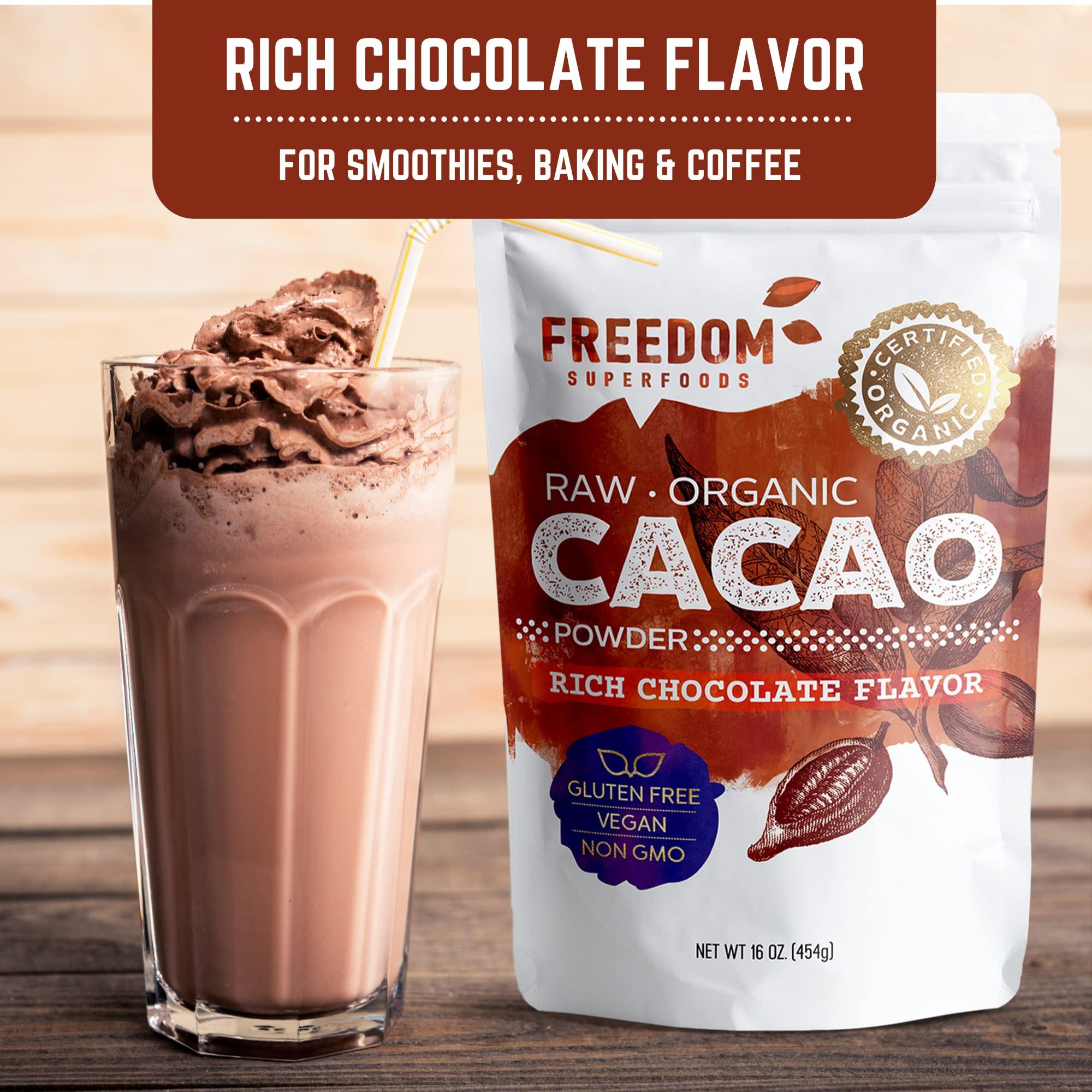 Freedom Superfoods Cacao Powder Organic Raw - Natural Unsweetened Cocoa - Rich Dark Chocolate Taste - Make Sugar-Free, Vegan, Keto & Gluten-Free Hot Chocolates and Recipes - 1lb/ 16oz