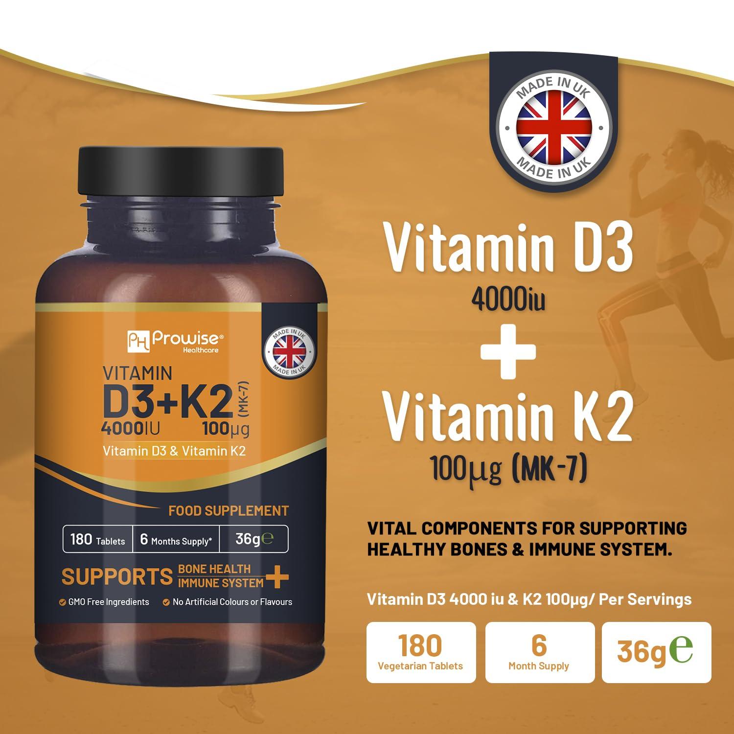 PH PROWISE Healthcare Vitamin D3 4000IU & K2 MK7 100g Vegetarian Tablets I 180 (6 Months Supply) I Easy to Swallow Supplement for Immune Support, Calcium Boost, Bone & Muscle I Made in The UK by Prowise Healthcare