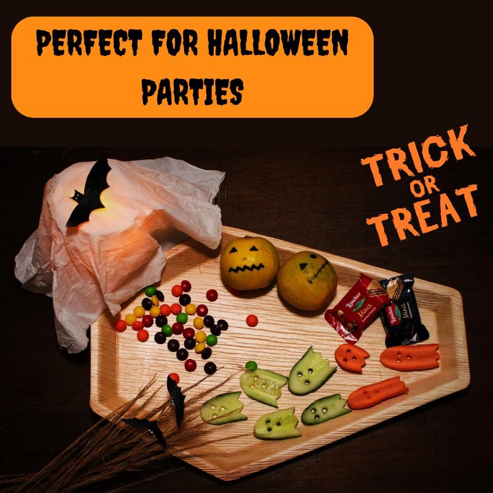 LEAFIQUE LEAFIQUE 17 x 12 Inch Coffin Shape Palm Leaf Trays (Pack of 10) Eco-Friendly Bamboo Disposable Charcuterie Boards, Halloween Party Serving Platters, 100% Compostable and Biodegradable