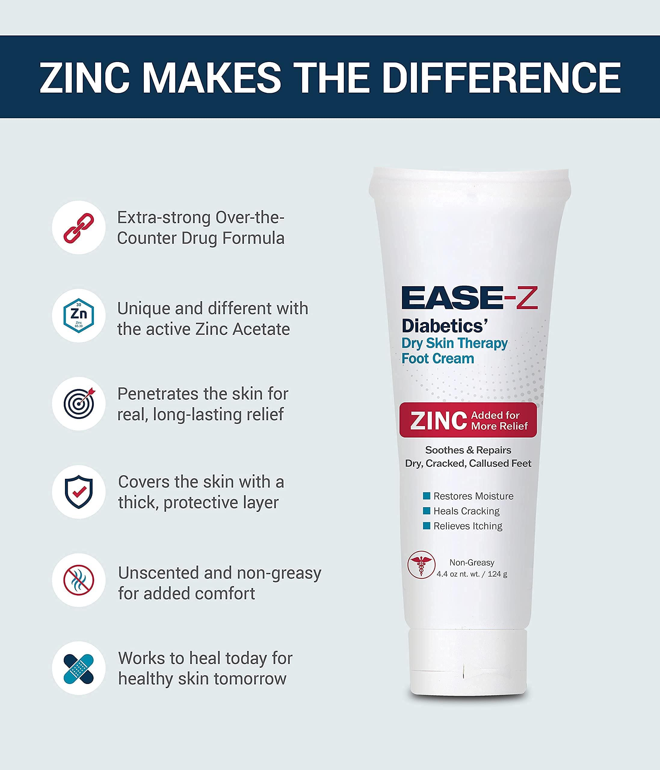 Ease-Z EASE-Z Diabetic Foot Cream. Clinically Proven Ingredients and ZINC Relieve Dry, Cracked, Callused Feet and Hands. Soothes Pain and Burning. Shea Butter moisturizes. Fast-Acting, Long-Lasting. 4.4 oz.