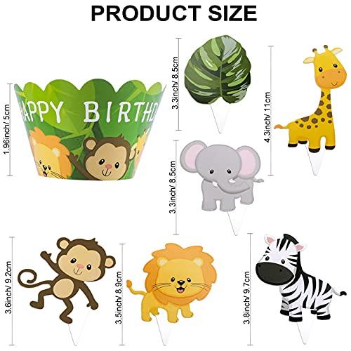 Konsait Konsait Animal Cupcake Wrappers, 6 Designs Jungle Safari Wild Animal Cake Toppers and Wrappers, Farm Animal Cake Decorations for Birthday Baby Shower Zoo Party Back to School Party Favors Supplies