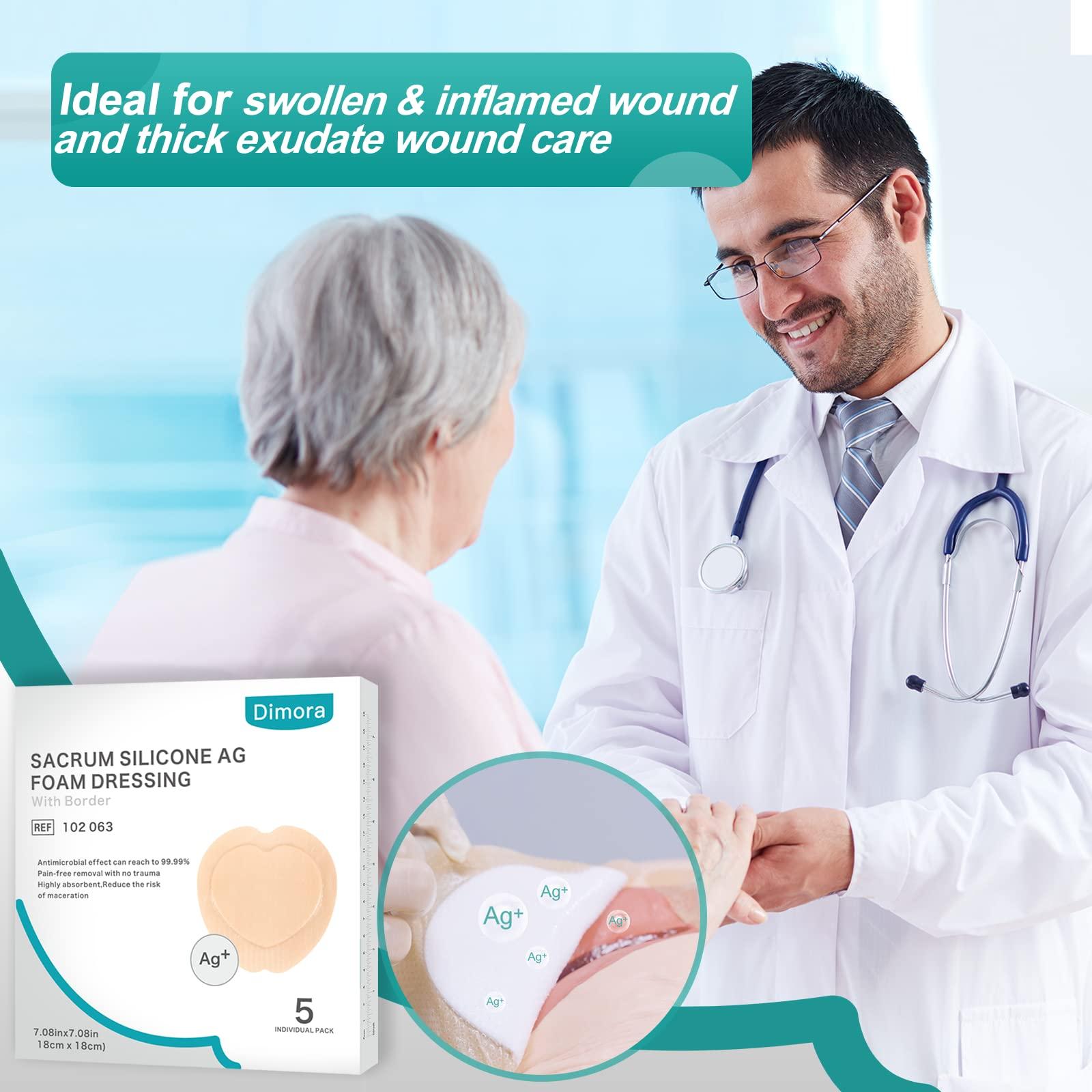 Dimora Hydrocolloid Wound Dressing, 10 Pack Ultra Thin 4\" x 4\" + Ag Silver Sacrum Foam Wound Dressing Bandages Silicone Adhesive Border 7\"x7\"