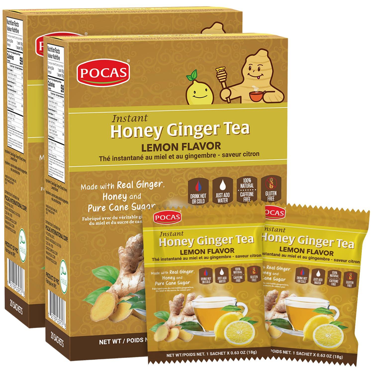 Pocas Pocas Honey Ginger Tea - Instant Tea Powder Packets with Lemon & Ginger Honey Crystals Tea, Non-GMO/Gluten Free/Caffeine Free Tea, 20 Count (Pack of 2)