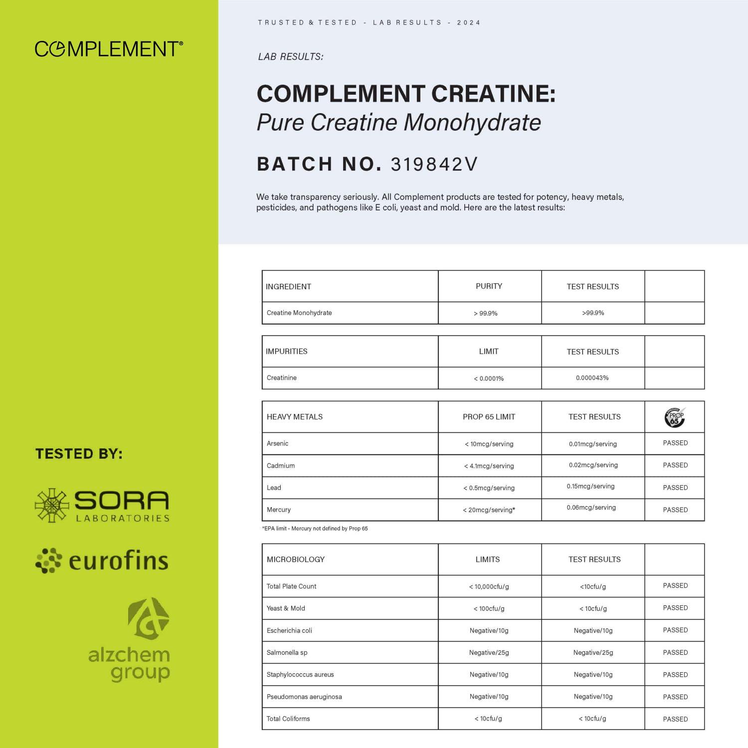 Complement Complement Creatine Monohydrate Micronized Powder for Women and Men (5g, 60 Servings) Pre Workout, Post Workout, Muscle Recovery, Brain Health, Longevity- Vegan, Unflavored