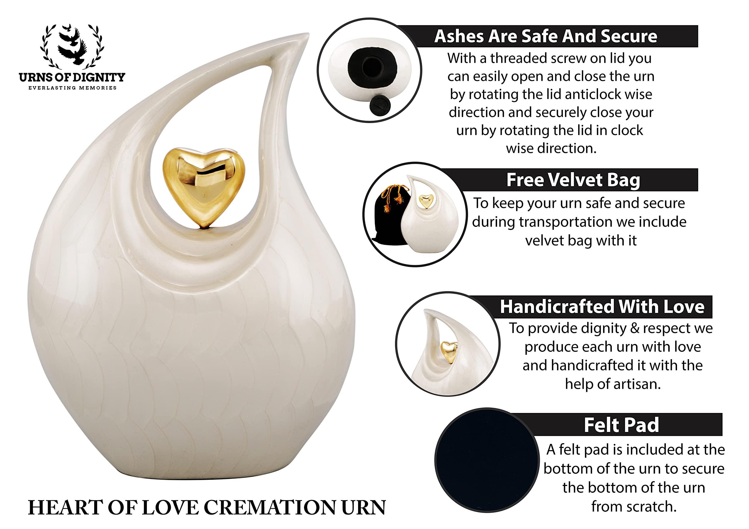 URNS OF DIGNITY Heart of Love Adult Cremation Urns for Human Ashes - Decorative Urns,Urns for Human Ashes Female & Male,Urns for Ashes Men & Women,Funeral Urn (White Gold, Adult)
