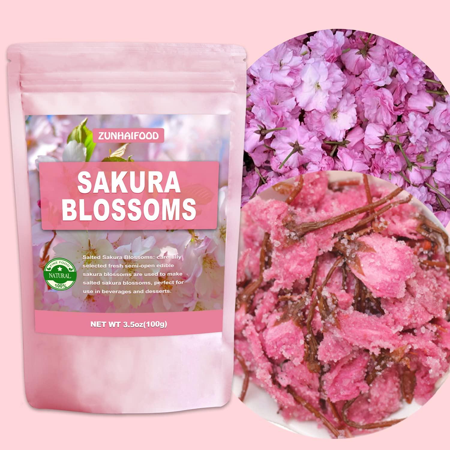 Zunhai Food Edible Salted Sakura Blossoms, Premium Pickled Sakura Cherry Blossoms, 3.5oz(100g)