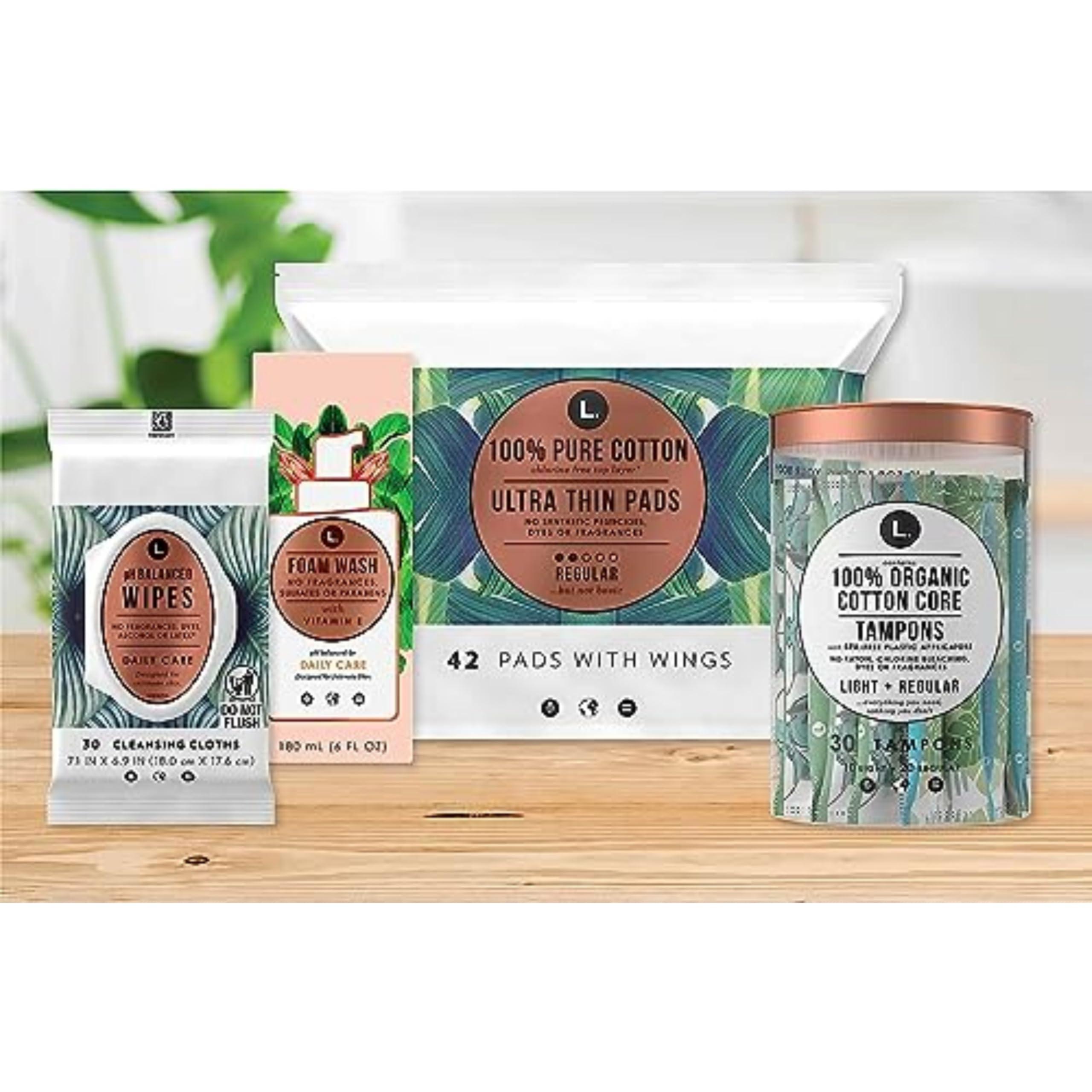 L. L. Pure Cotton Topsheet Pads for Women, Extra Long Overnight Pads, Maxi Pads with Wings, Unscented Menstrual Pads, 28 Count x 2 Packs (56 Count Total) (Packaging May Vary)