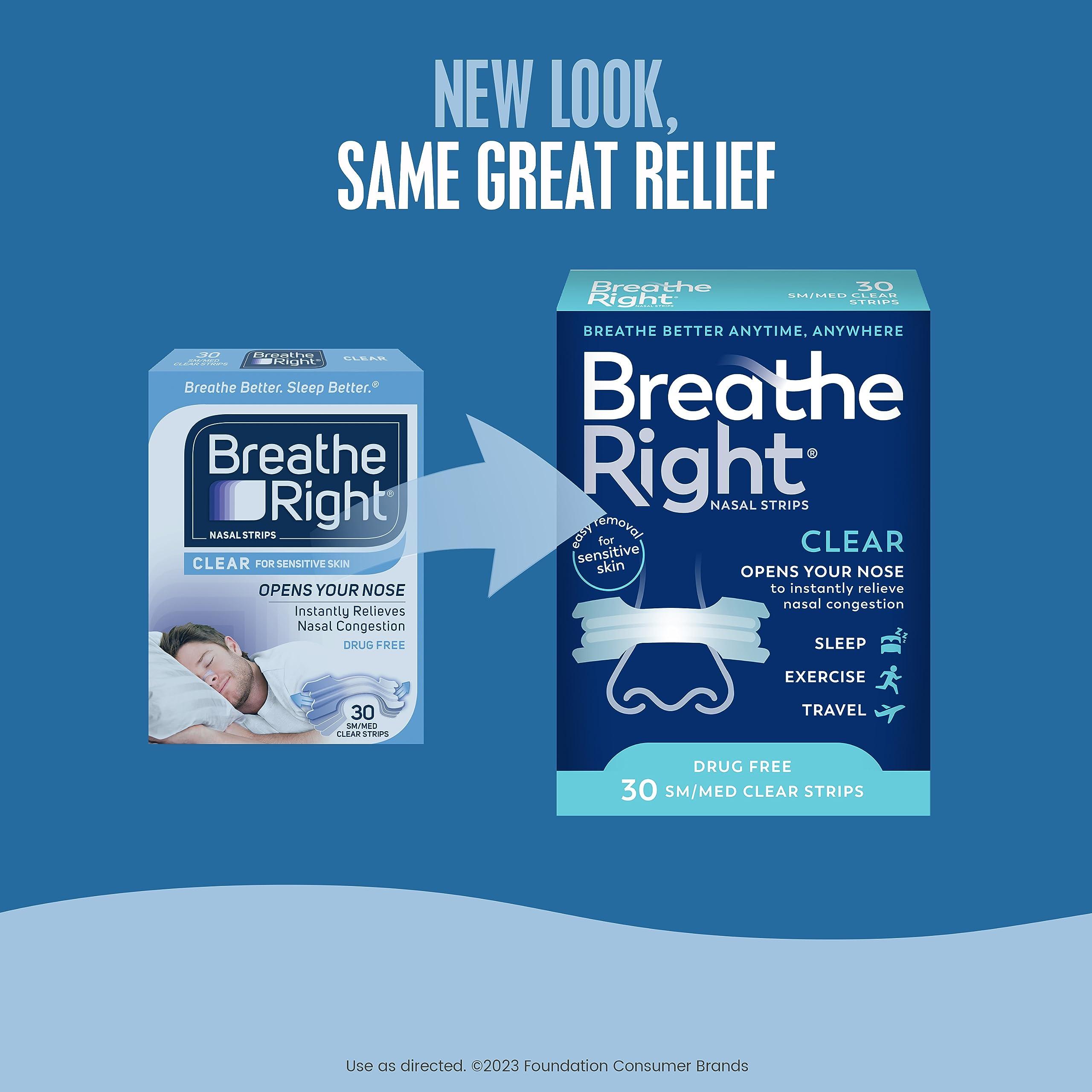Breathe Right Breathe Right Original Nasal Strips | Clear | Sm/Med | for Sensitive Skin| Drug-Free Snoring Solution & Nasal Congestion Relief Caused by Colds & Allergies | 30 ct (Packaging May Vary) (Pack of 2)