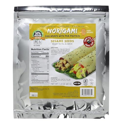 Norigami Norigami Egg Wraps with Pea Protein – Sesame Seeds. High Protein, Low Carb, Vegetarian. Thin Healthy Wraps -Certified Kosher, Non-GMO, Gluten Free -NOW Featuring 10 Wraps in a bag.