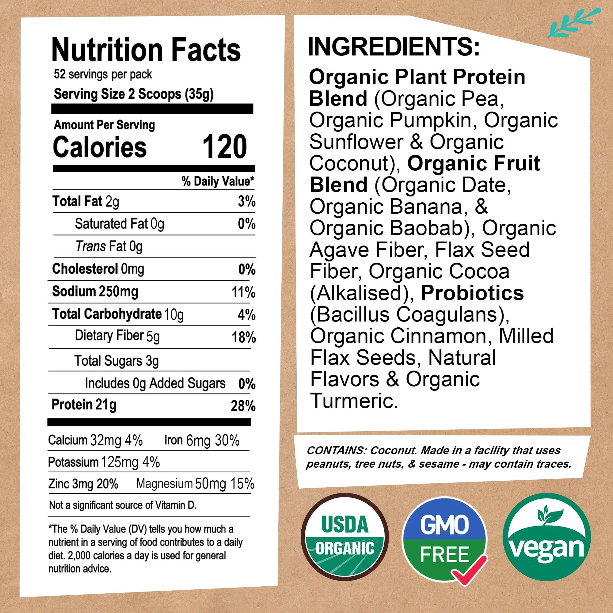 EarthChimp EarthChimp Organic Vegan Protein Powder - with Probiotics - Non GMO, Dairy Free, Non Whey, Plant Based Protein Powder for Women and Men, Gluten Free - 52 Servings, 64 Oz (Plain & Unsweetened)