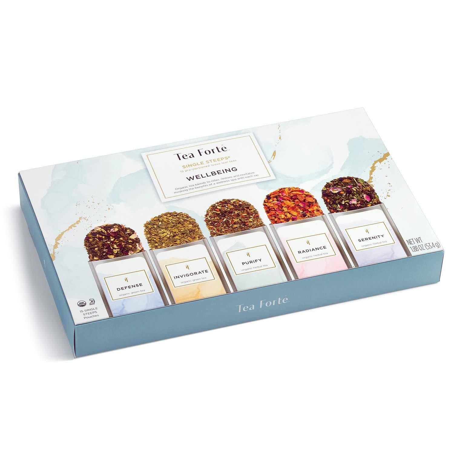 Tea Forte Tea Forte Single Steeps Loose Leaf Wellness Tea Sampler, Assorted Variety Tea Box, Single Serve Pouches, 15 Count (Pack of 1)