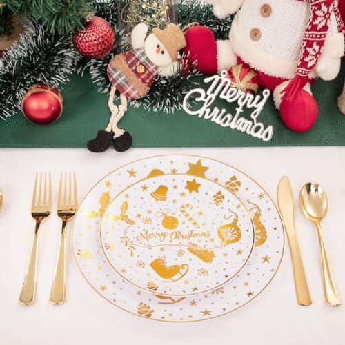 U-QE U-QE 60pcs Christmas Disposable Plates, Gold Christmas Plastic Plates for 30 Guests Include 30 Dinner Plates 10.25 & 30 Dessert Plates 7.5, Premium Gold Party Supplies for Christmas Theme Party