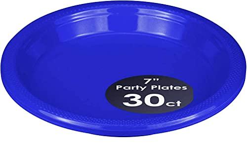 DecorRack DecorRack 30 Small Plastic Plates, Heavy Duty 7 inch Colored Plastic Dinner Plates, Disposable Party Ware for Kids Birthday, Cake Dessert Plates, Holiday Tableware, Blue (Pack of 30)