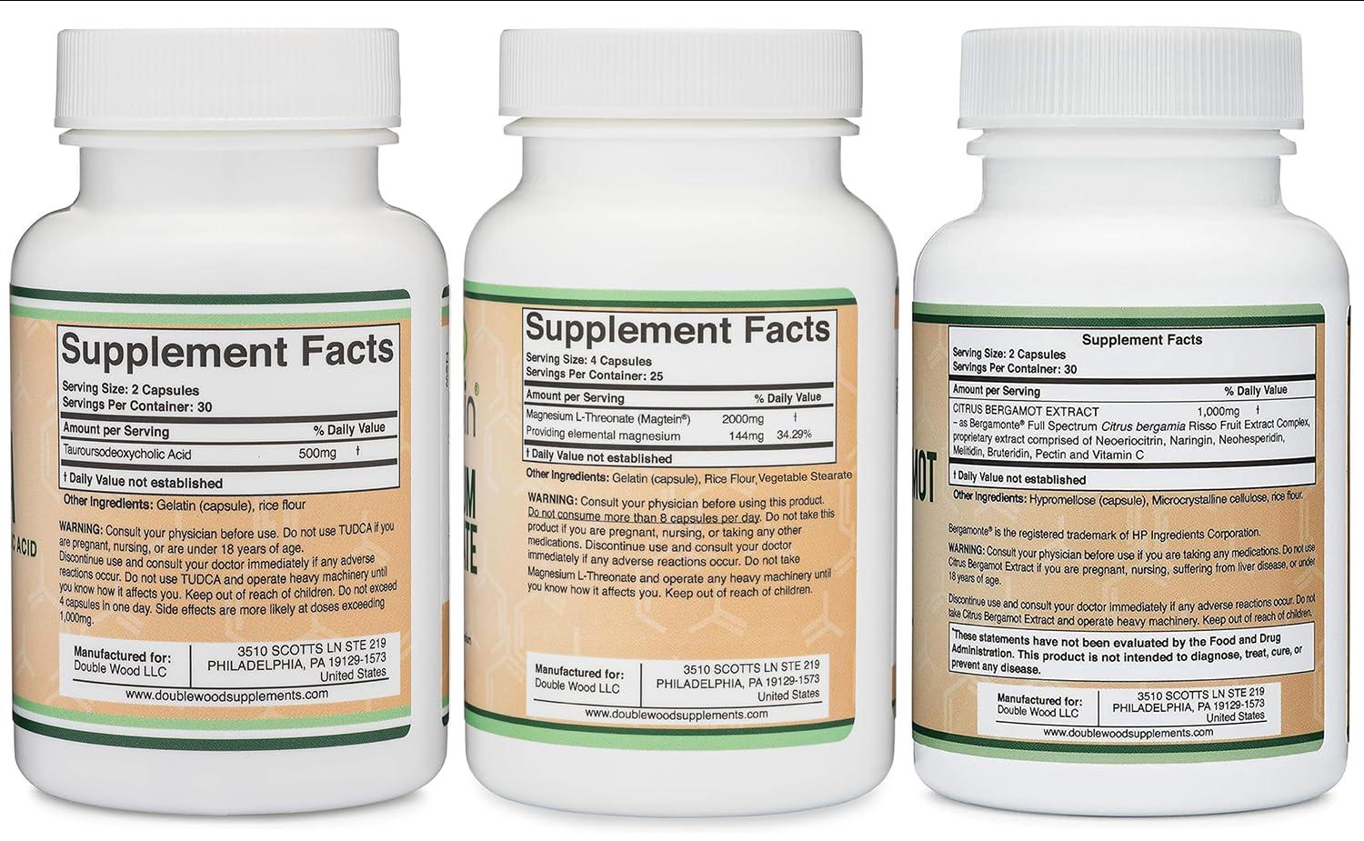 Double Wood Supplements TUDCA Bile Salts Liver Support (60 Capsules), Magnesium L Threonat (100 Capsules), Citrus Bergamot Supplement (60 Capsules)