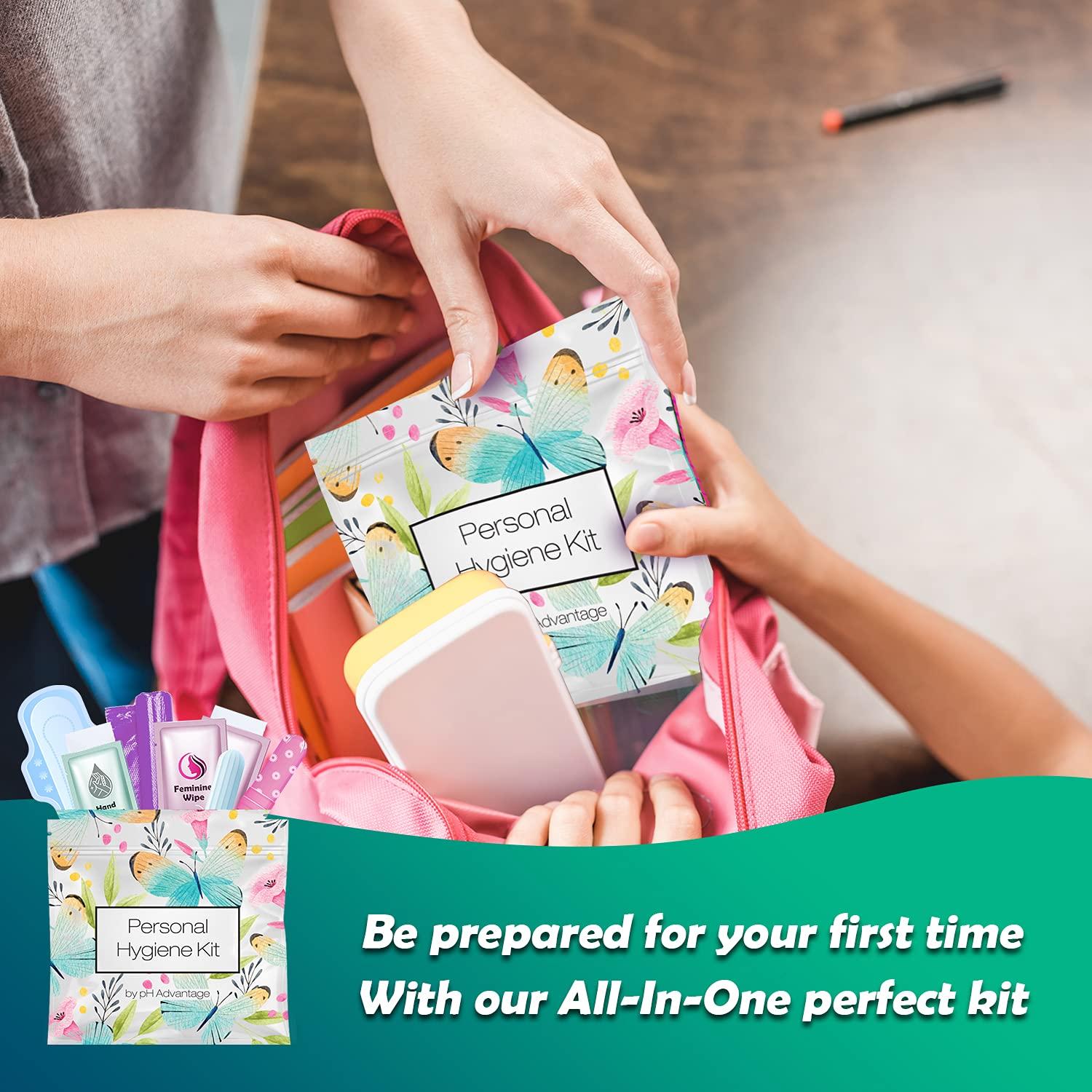 pH Advantage Menstrual Kit All-in-One | Convenience on The Go | Single Period Kit Pack for Travelling, Tweens & Teenagers | Individually Wrapped Feminine Hygiene Products (Butterflies) (100 Pack)
