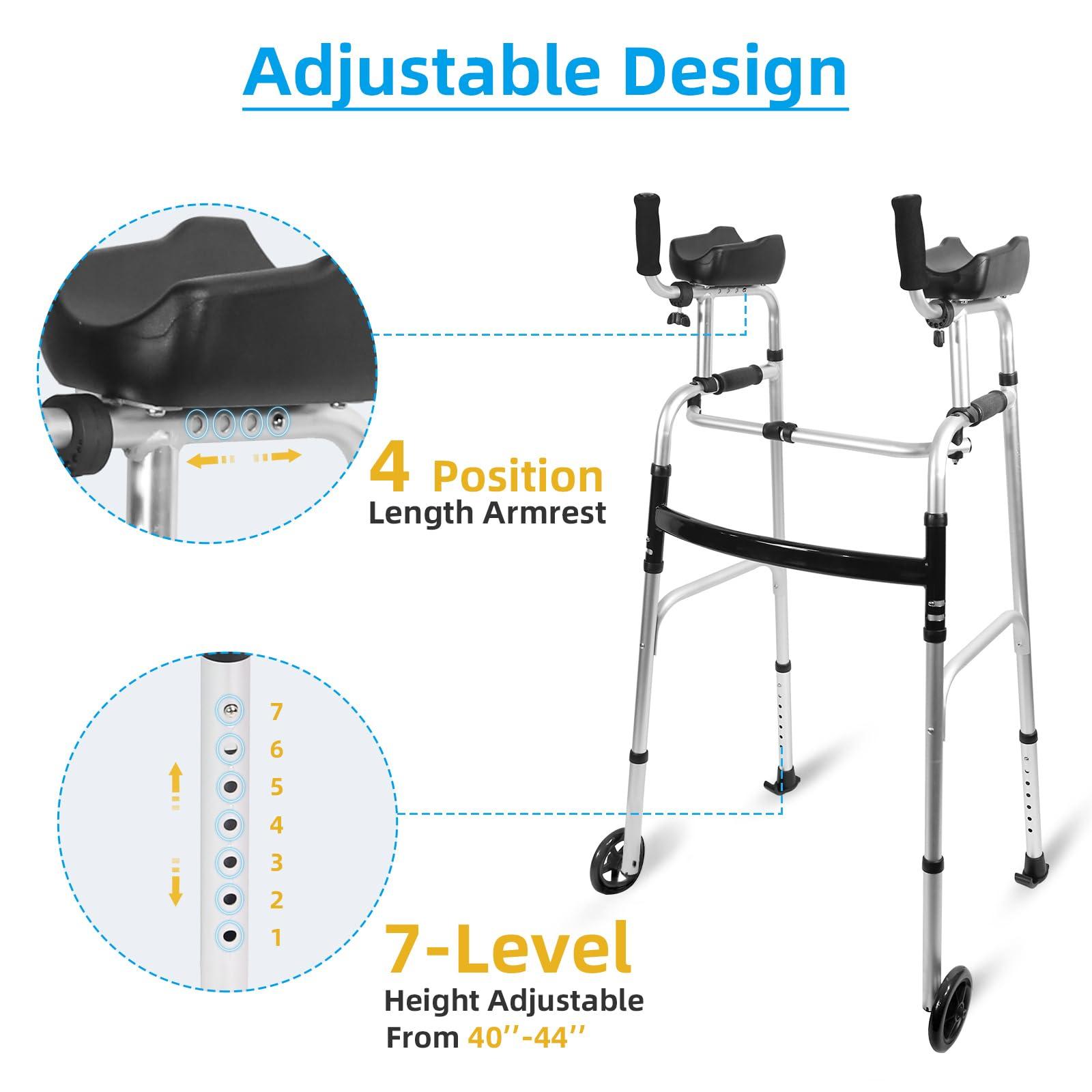 EasyVibe Foldable Stand IP Walker with Armrest Pad - Height Adjustable Aluminum Walkers, Standard Walker for Seniors, Elderly, Handicap, Platform Walker with Arm Support, Standing Upright Walker, Silver