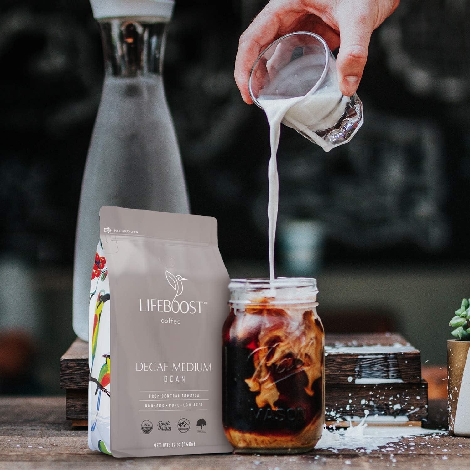 LIFEBOOST Lifeboost Coffee Medium Decaf Coffee Beans - Swiss Water Decaf Coffee - Low Acid Organic Decaf Coffee Beans - Third Party Tested For Mycotoxins & Pesticides - Whole Bean - 12 Ounces