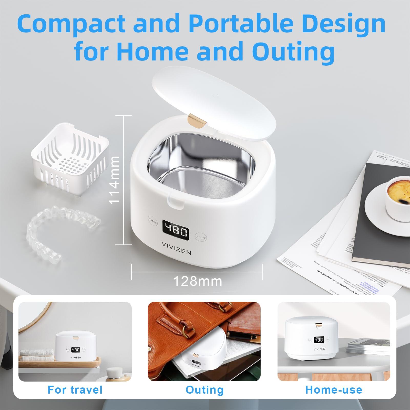 VIVIZEN Ultrasonic Retainer Cleaner, Sonic Dental Cleaning Pod, Portable 30W/45kHz Machine for Dentures, Aligners, Braces, Mouth Guards, Jewelry (White)