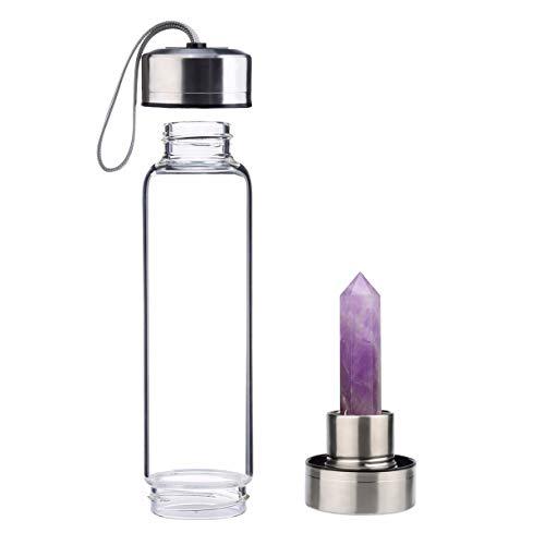 JewelBeauty Crystal Elixir Glass Water Bottle with Amethyst Gemstone Healing Crystal Infused Obelisk Wand Energy Cup (Amethyst)