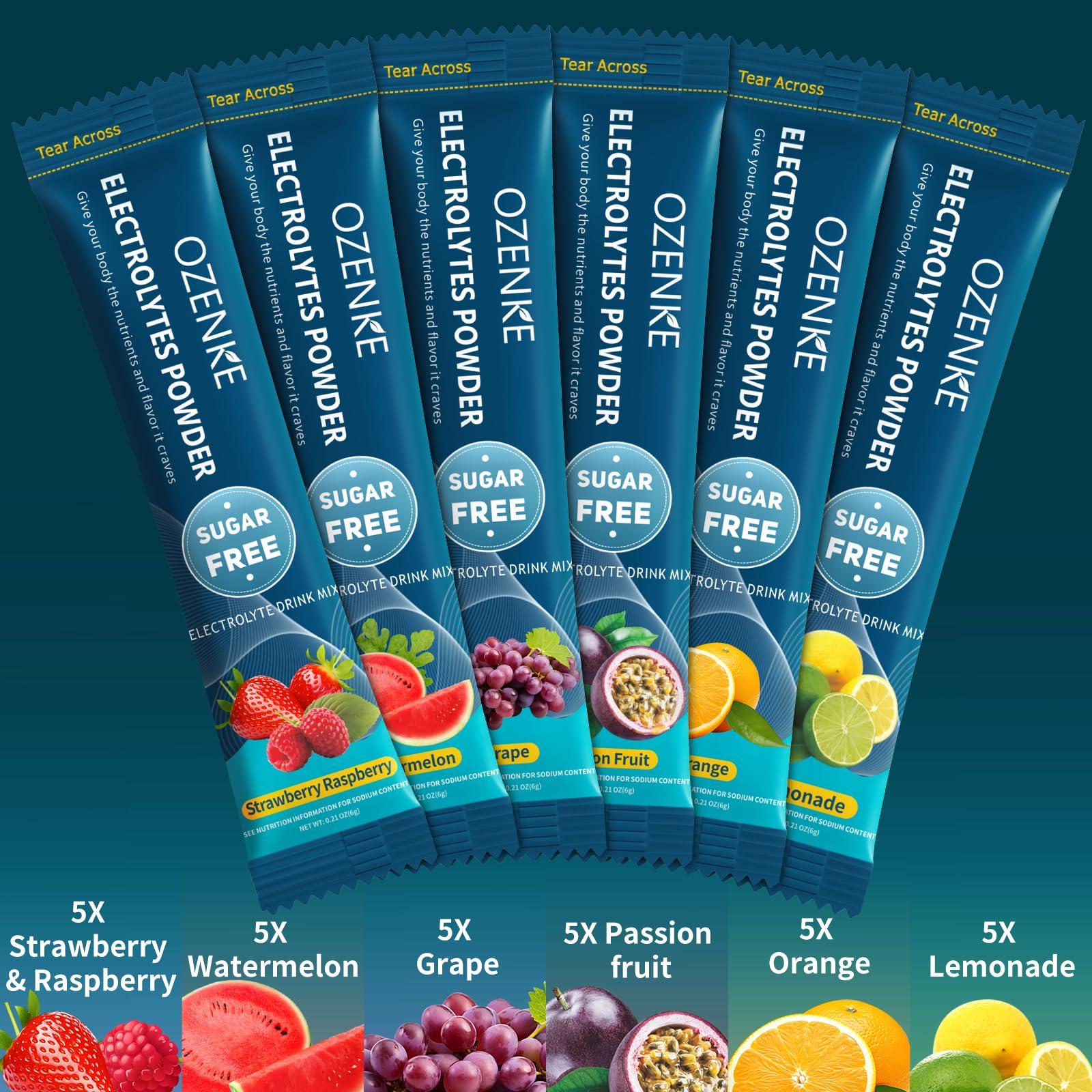 OZENKE OZENKE Electrolytes Powder Packets, 30 Sticks Hydration Packets Sugar Free, Electrolyte Drink Mix Travel Electrolyte Packets for Rapid Hydration, 6 Flavors