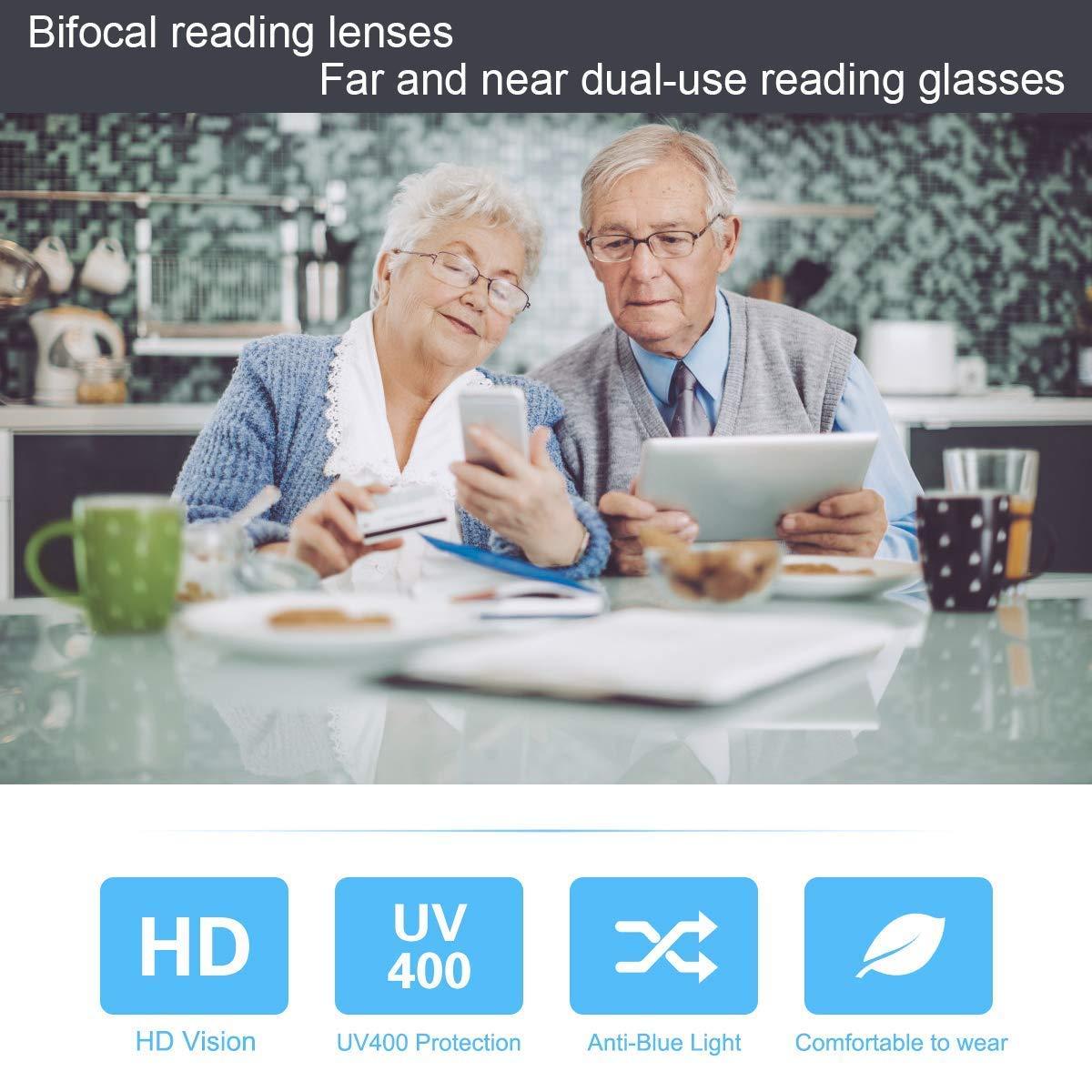 MIRYEA MIRYEA 1.5X Magnification Progressive Multifocal Reading Glasses Blue Light Blocking Computer Readers + Rimless Bifocal Anti Blue Light Reading Glasses Anti Glare Eye Strain Spring Hinge Eyewear