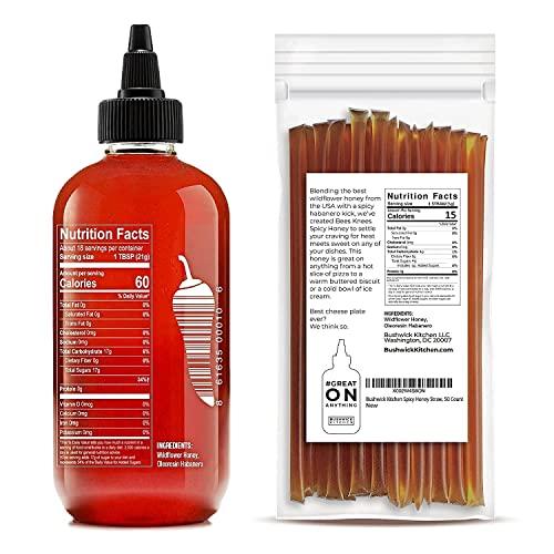 Bushwick Kitchen Bees Knees Spicy Honey Sauce + Sticks Set, Wildflower Honey Mixed with Habanero Peppers, 12.5 Ounce Bottle + 50 Sticks