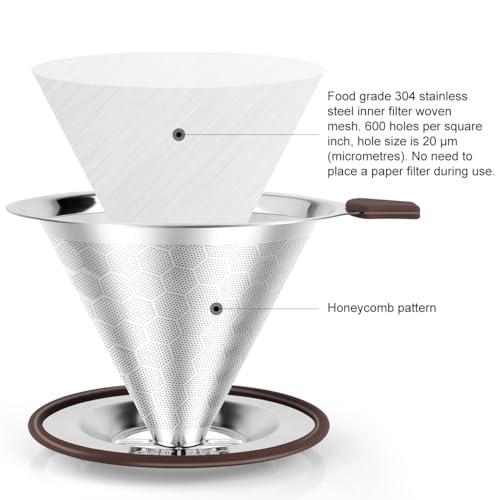 FACIACC FACIACC Pour Over Coffee Dripper, Professional Stainless Steel Coffee Filter, Paperless and Reusable, Upgraded Double Micro Mesh Filter with Spoon and Silicone Tray, Cleaning Brush (3-4 Cup)