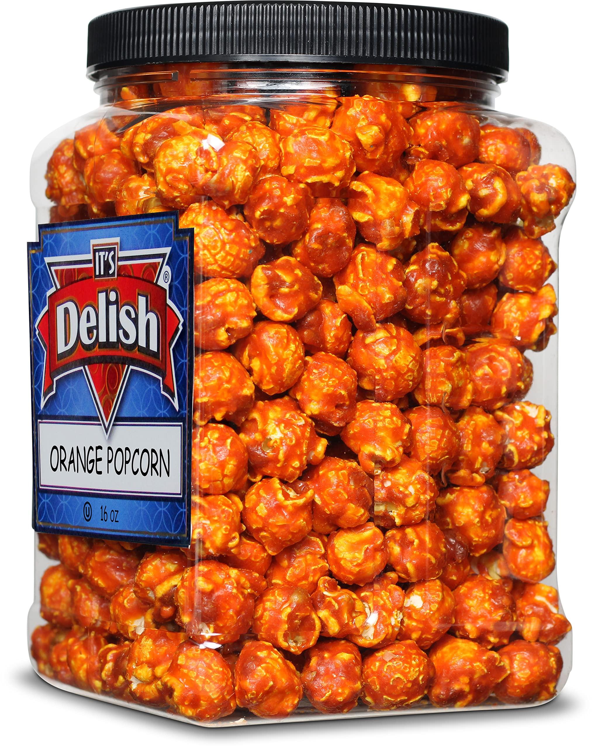 It's Delish Gourmet Orange Flavored Popcorn by It's Delish, 16 Oz Jumbo Container | Bulk Air Popped Pop Corn Snack - Fruity Orange Themed Candy Confetti – Gluten Free, Vegan, Kosher, 1 Count