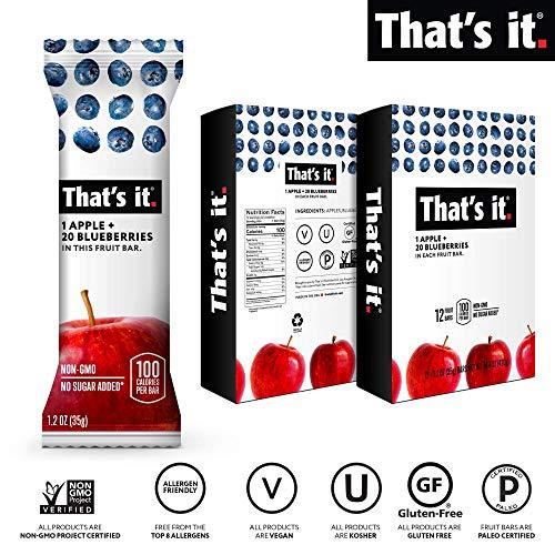 That's it. That's it. Apple + Blueberry 100% Natural Real Fruit Bar, Best High Fiber Vegan, Gluten Free Healthy Snack, Paleo for Children & Adults, Non GMO No Sugar Added, No Preservatives Energy Food (12 Pack)