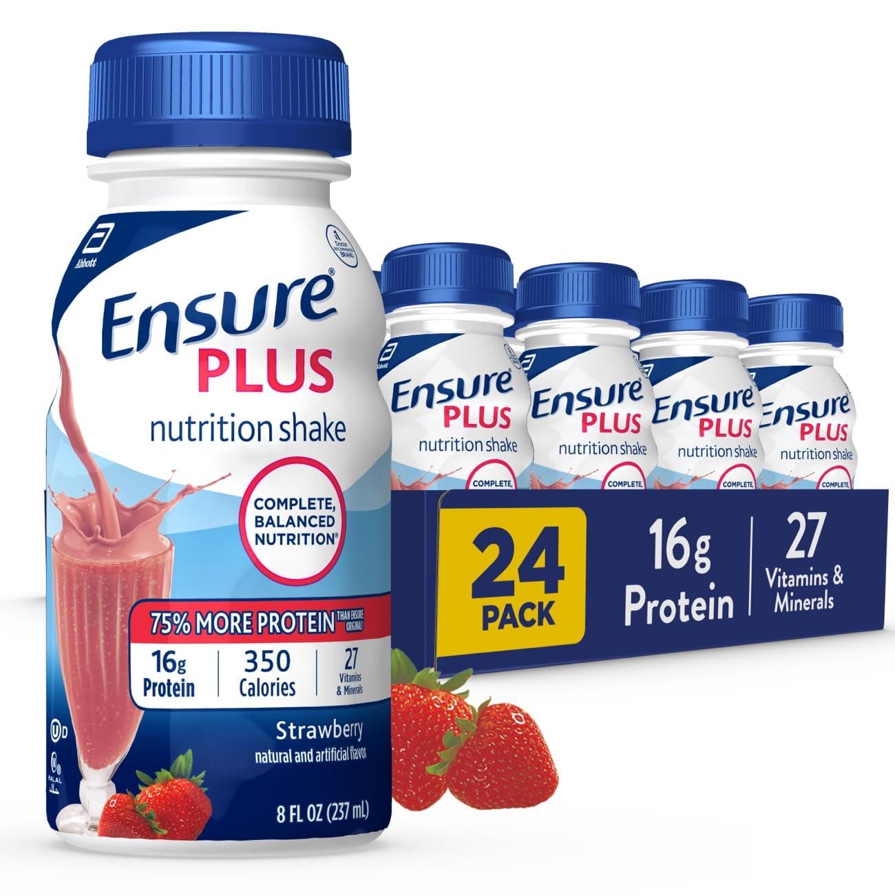 Ensure Ensure Plus Strawberry Nutrition Shake With Fiber | Meal Replacement Shake | Ready To Drink | 16g Protein and 27 Vitamins and Minerals | 8 fl oz - 24 Pack