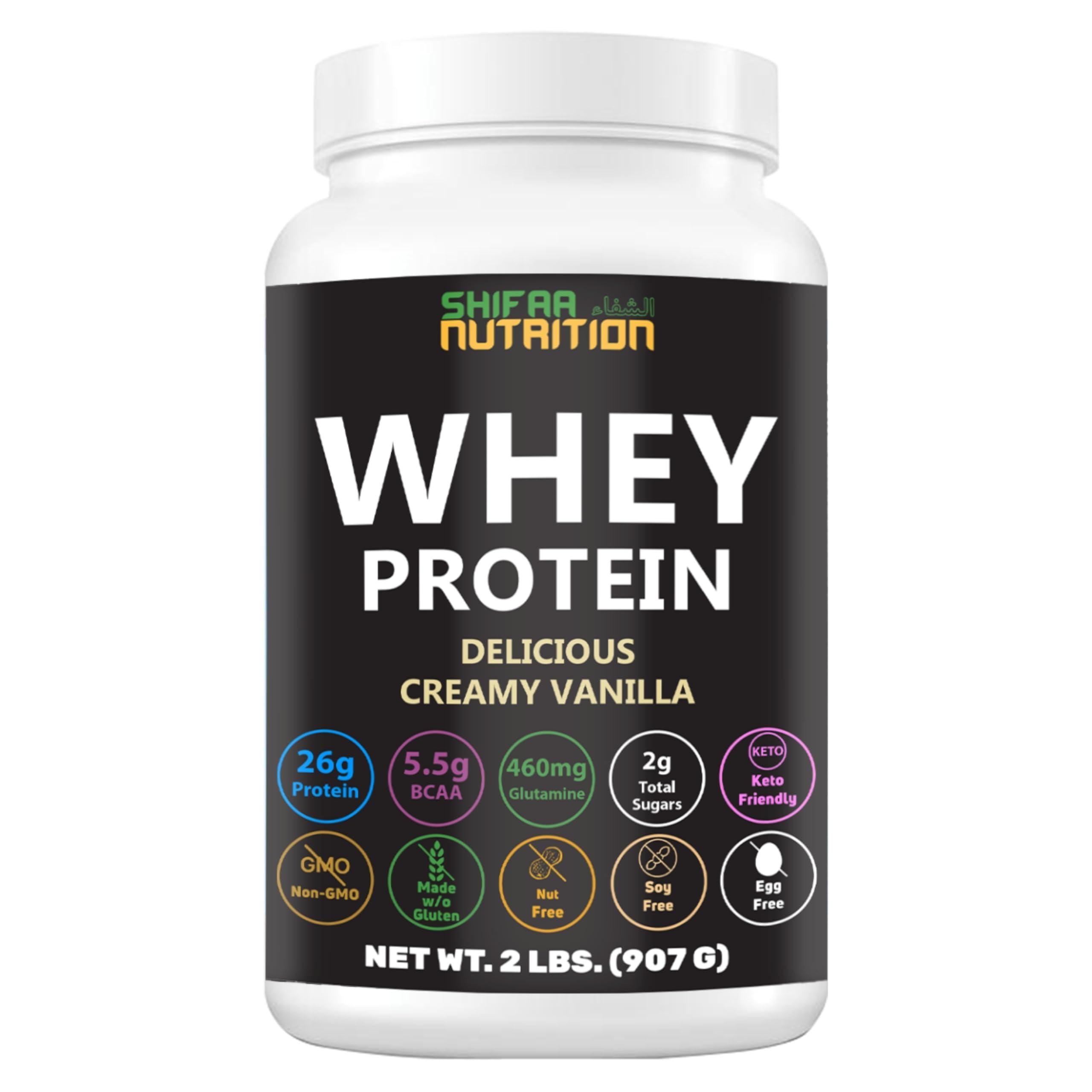 SHIFAA NUTRITION SHIFAA NUTRITION Delicious Creamy Vanilla Halal Whey Protein Powder 2Lbs | 26g Protein, 5500mg BCAAs, and 460mg Glutamine | for Recovery & Lean Muscles | Gluten-Free | Non-GMO | Keto-Friendly
