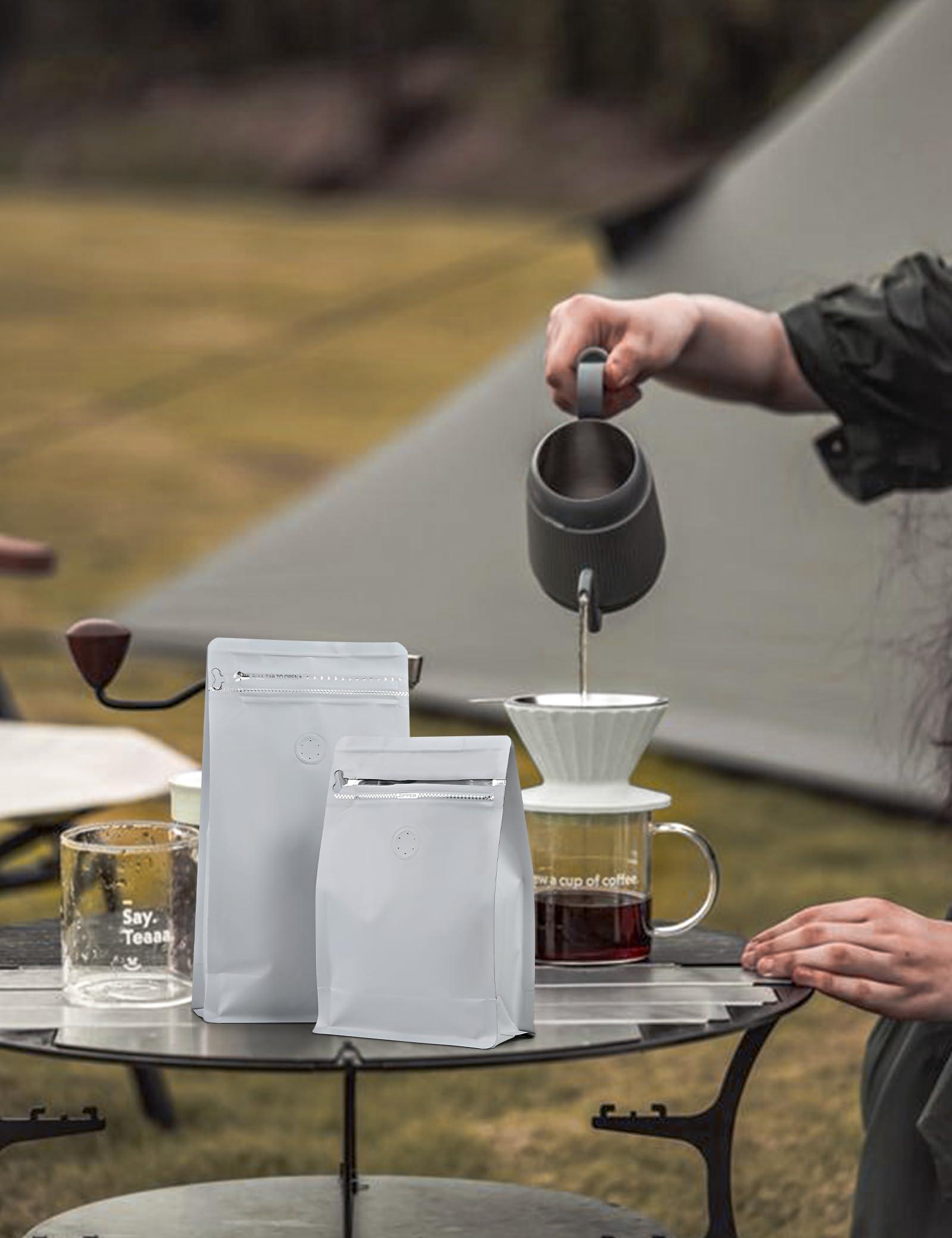 FireKylin 50 PCS Coffee Bags with Valve, (16 oz, 1 lb) Stand Up Pouches, Resealable coffee bean bags, Vented food storage bags Side Zipper(White)