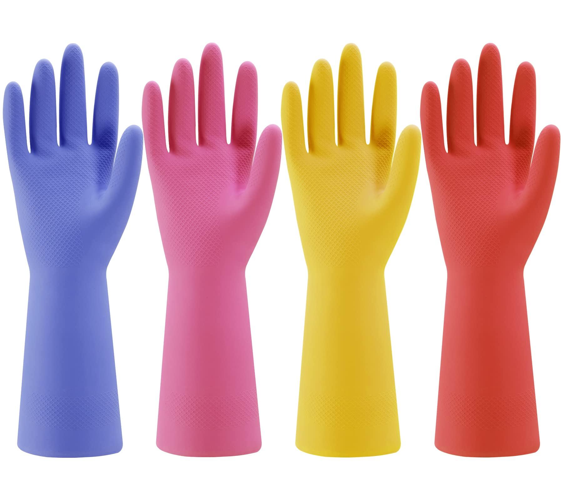 Bamllum Rubber Kitchen Dishwashing Gloves - 4 Pairs Colorful Reusable Household Cleaning Gloves for Washing Dishes and Cleaning Tasks, Flexible Long-lasting and Non-Slip (Large, Blue+Pink+Yellow+Orange)