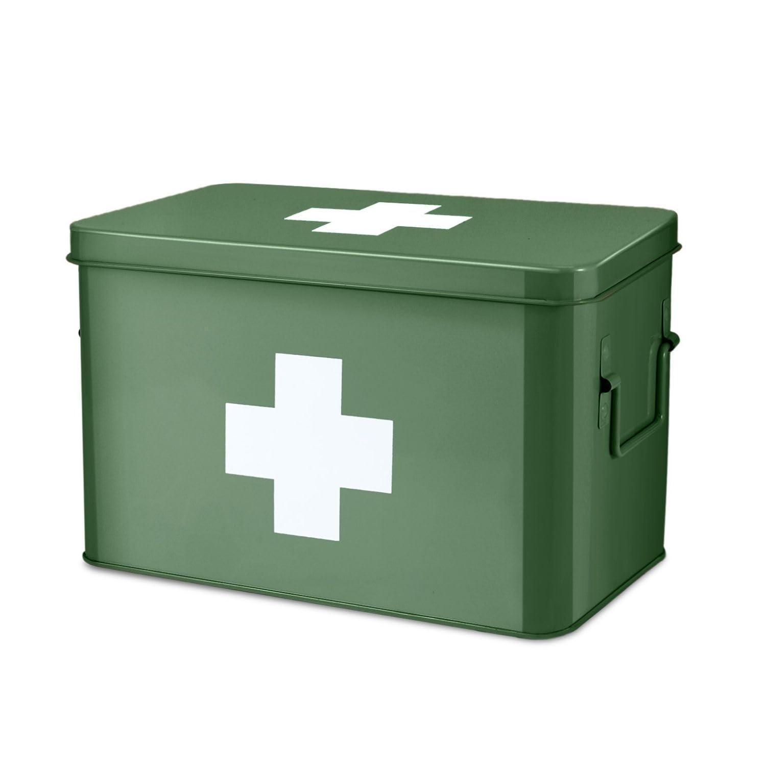 Flexzion Flexzion First Aid Box Organizer - Empty 13\" Green Vintage First Aid Kit Tin Metal Medical Box - First Aid Storage Box Container Bins with Dividers, Removable Tray and White Cross Logo