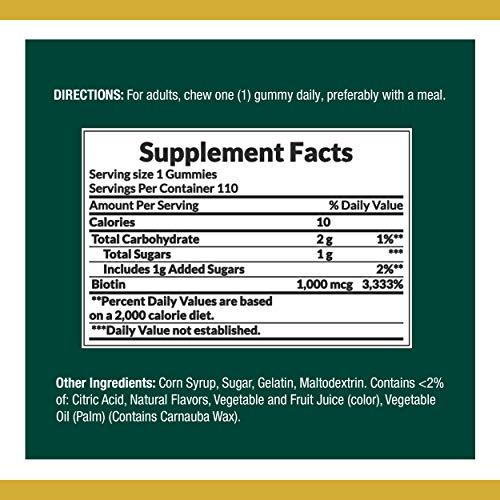Nature's Bounty Biotin by Nature's Bounty, Vitamin Supplement, Supports Healthy Hair, Skin, and Nails, Fruit Flavored Gummies, 1000 mcg, 110 Count