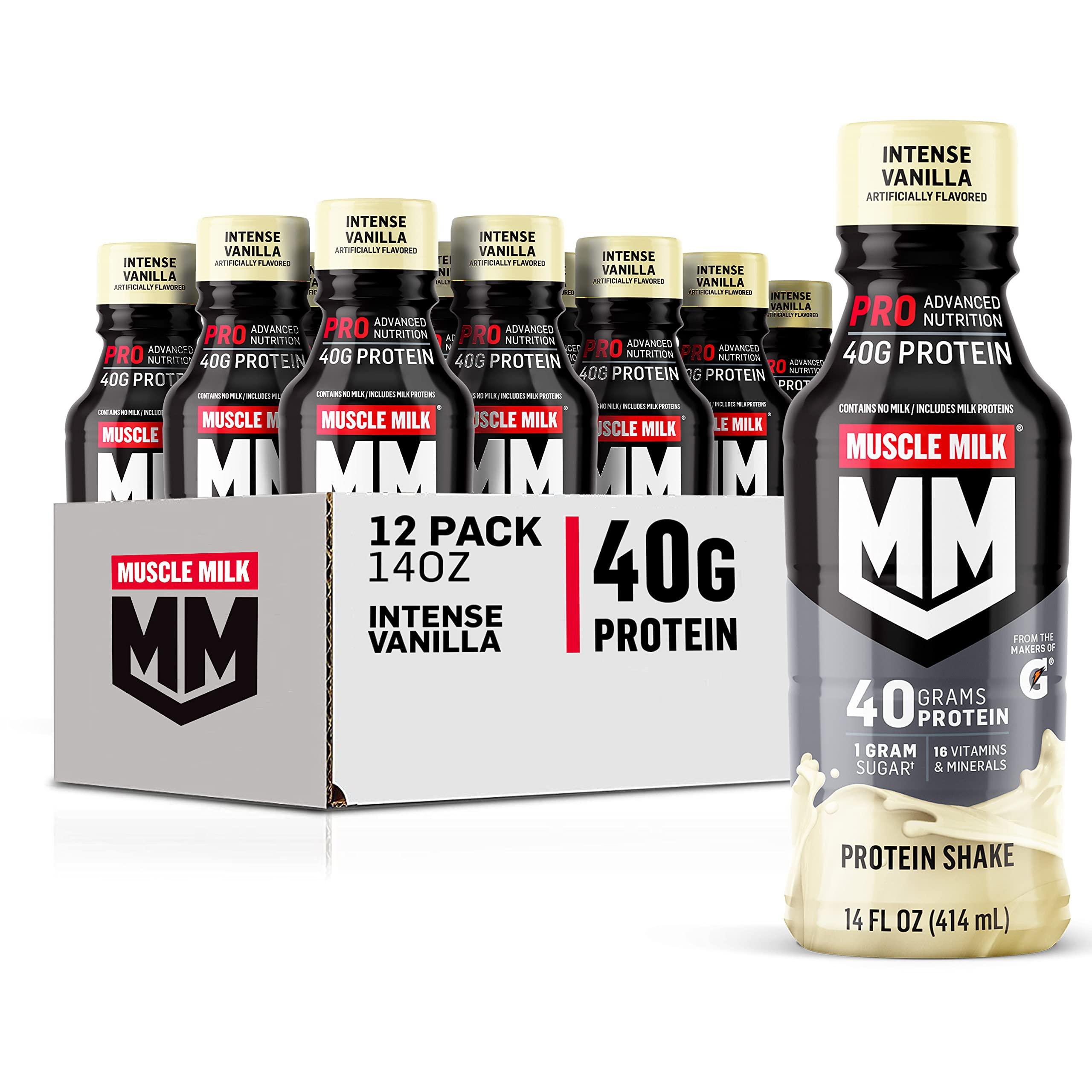 Muscle Milk Muscle Milk Pro Advanced Nutrition Protein Shake, Intense Vanilla, 14 Fl Oz Bottle, 12 Pack, 40g Protein, 1g Sugar, 16 Vitamins & Minerals, 6g Fiber, Workout Recovery, Packaging May Vary