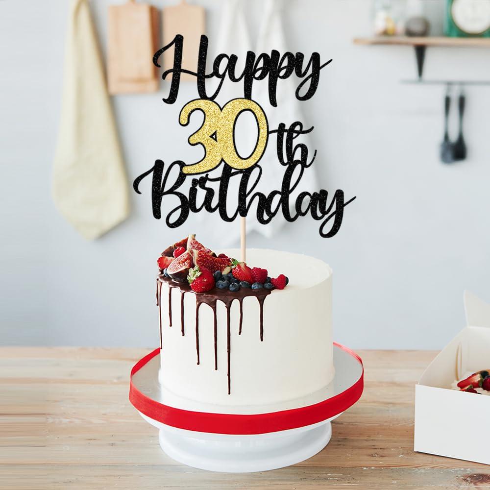 Auteby Auteby Happy 30th Birthday Cake Topper Black Gold Glitter Happy Birthday Cake Topper Cake Pick 30 Fabulous Cake Decoration for Happy 30th Birthday Theme Party Decorations Supplies (Black Gold, 30)