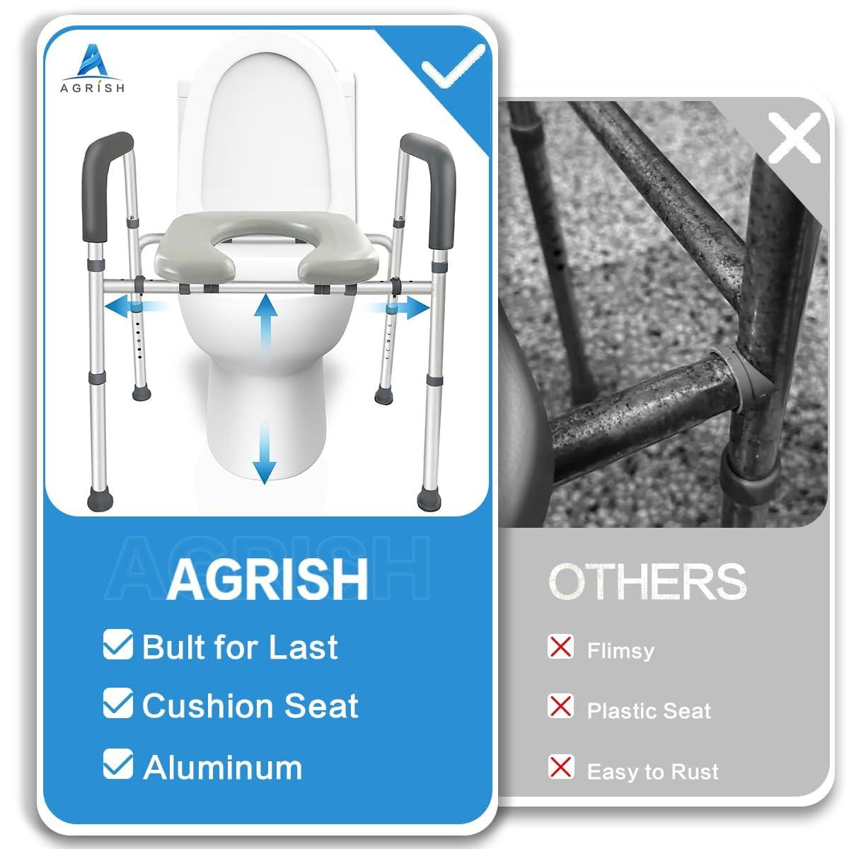 Agrish Agrish Raised Toilet Seat with Handles - Width and Height Adjustable Padded Toilet Seat Risers for Seniors, Bariatric, Handicap, Heavy Duty 350lbs Raised Toilet Seat, Fit Any Toilet