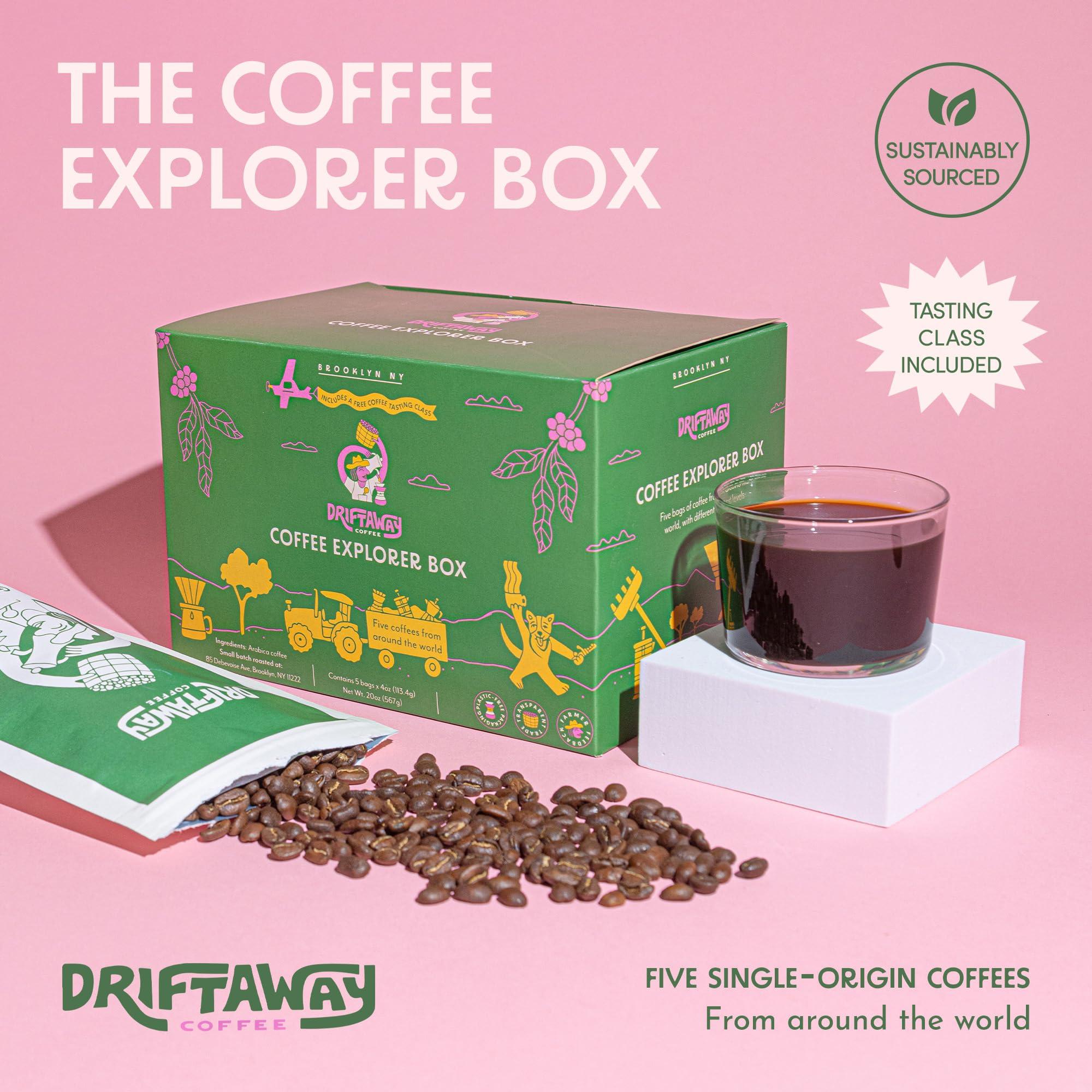 Driftaway Coffee Driftaway Coffee Explorer Box, 5 Pack Coffee Tasting Kit - Single-Origin Beans from Around the World - 5 Fresh Roasts - Sustainable Sourcing, Small-Scale Farmers - Gourmet Coffee Variety Gift Set (Whole Bean, 2 Ounce (Pack of 5))