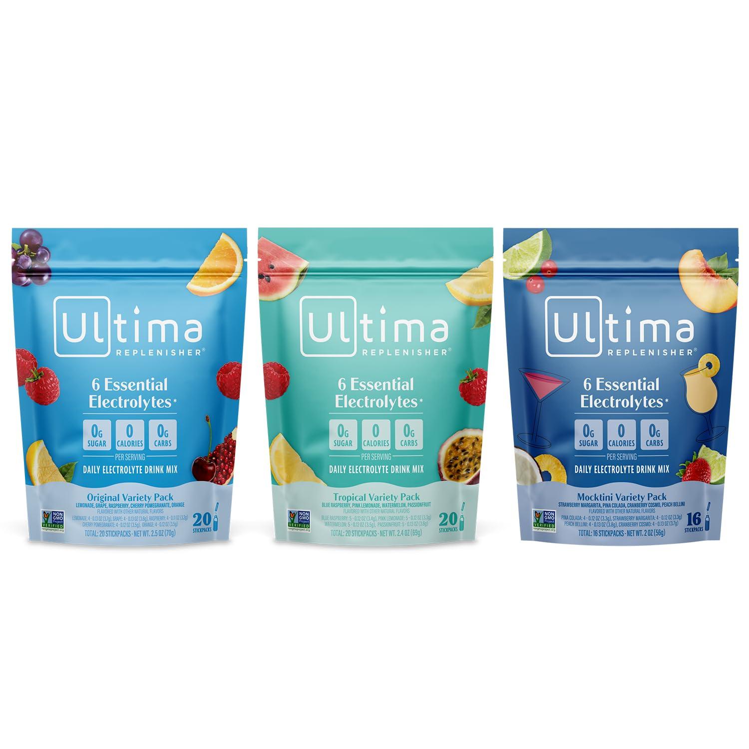 Ultima Replenisher Ultima Replenisher Daily Electrolyte Powder Drink Mix  Tropical, Mocktini, Original Variety, 56 Stickpacks  Hydration Packets - 6 Electrolytes and Minerals  Keto, Non-GMO and Sugar-Free