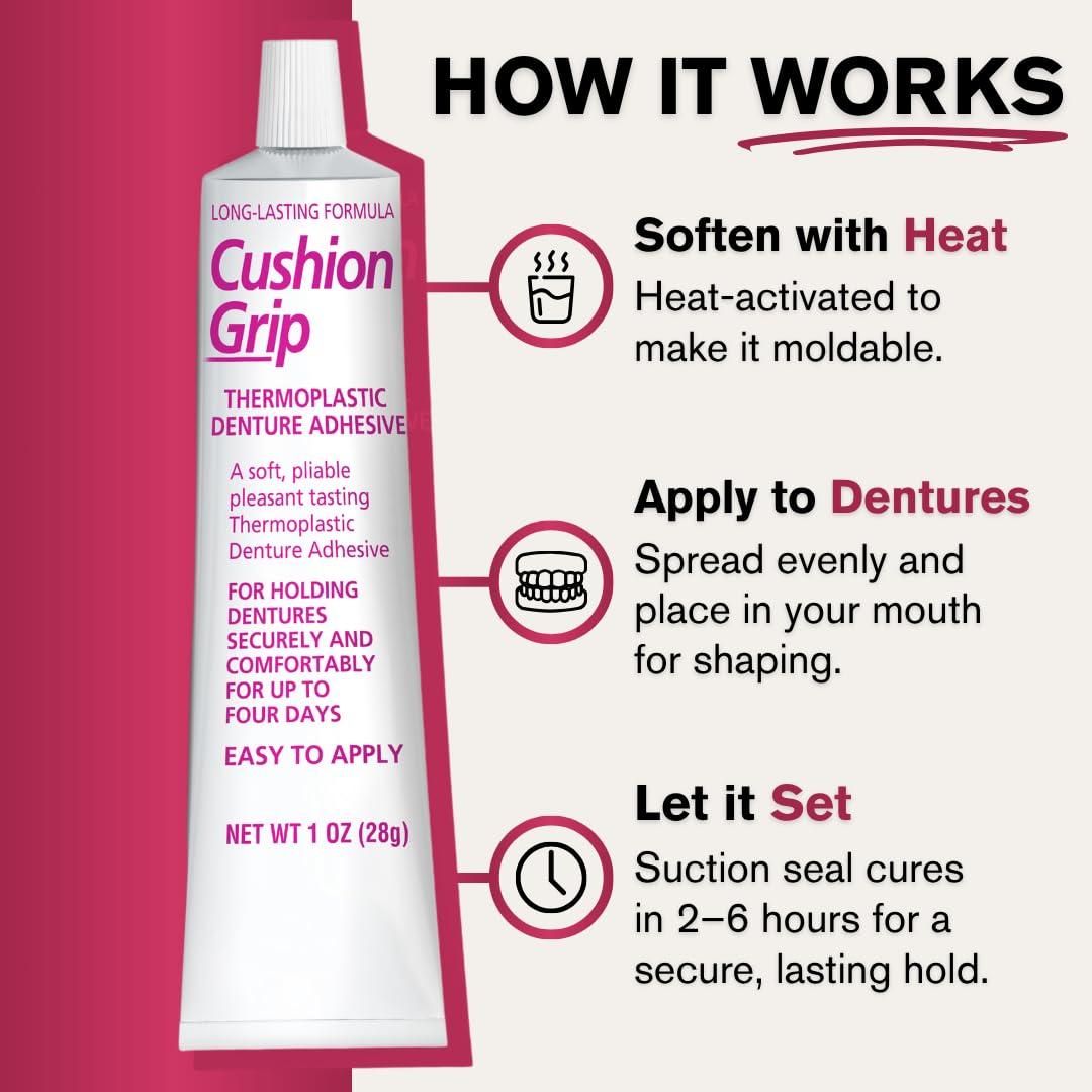 Cushion Grip Cushion Grip Thermoplastic Denture Adhesive, 1 oz - Improves Denture Fit, Comfort & Stability | Non-Glue Adhesive, Acts Like a Soft Reline (Pack of 6)