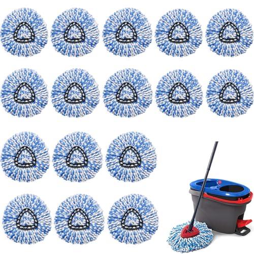 HANDRERLEE 16Pcs Spin Mop Replacement Heads, 360 Easy Wring Spin Mop 100% Microfiber Refill, Easy Cleaning Spin Mop Heads, 2 Tank System Replace Head for Easy House Cleaning Floor Mopping,Blue&White