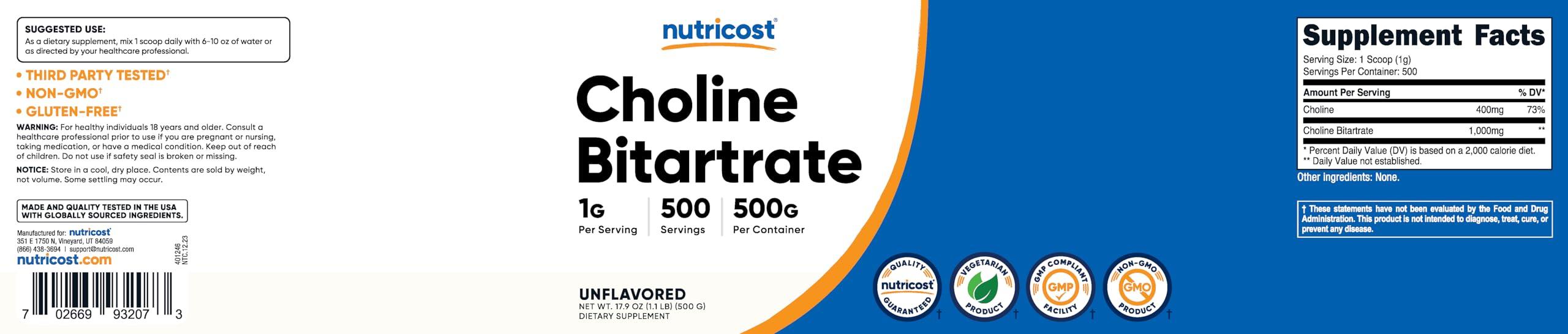 Nutricost Nutricost Pure Choline Bitartrate Powder 500 Grams
