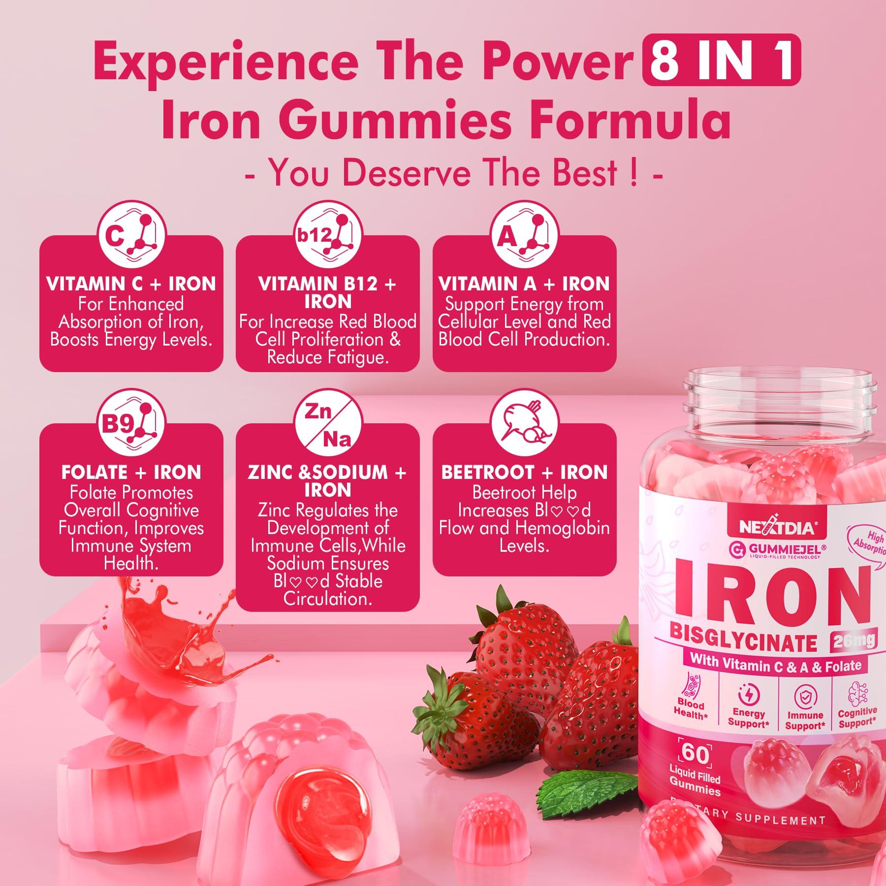 NextDia Iron Bisglycinate 26mg Filled Gummies - Gentle Beet Root Iron Gummy plus Vitamin C, Supplement Iron with B12 & Folate for Women & Men, Iron Deficiency, Immune & Energy Support, Sugar-Free, Vegan,60Cts